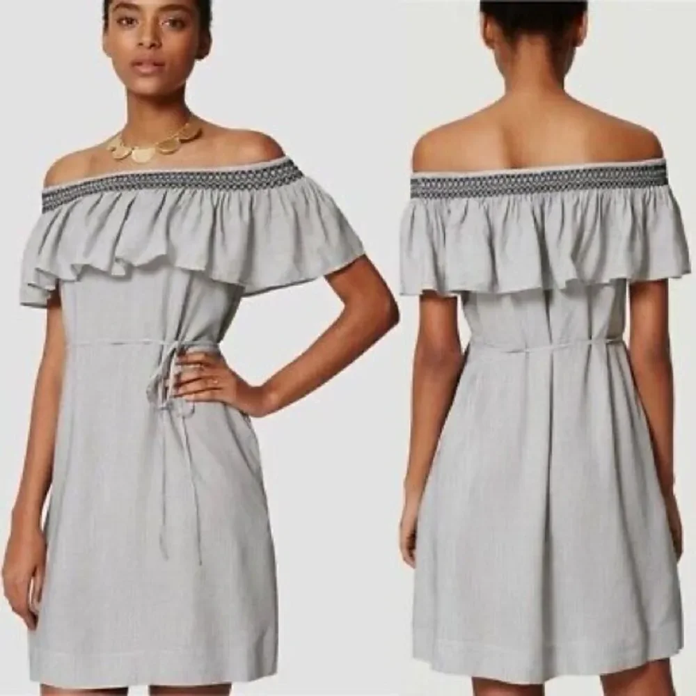 Loft Smocked Off Shoulder Belted Shift‎ Dress W/Pockets Black / Cream Small